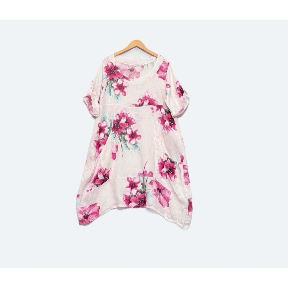 Vasna Italy 100% Linen Dress Floral Roll Tab Sleeves Pockets Lagenlook Beachy XL